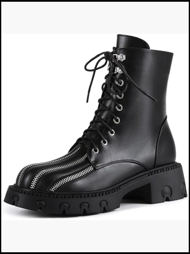 Women's Combat Platform Ankle Boots Lace Up Chunky Heel Lug Sole With Zipper